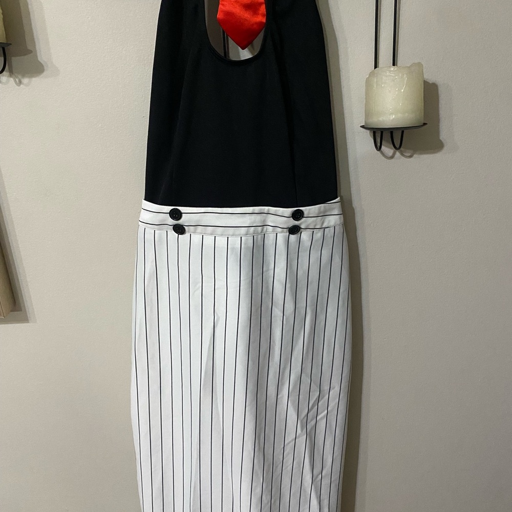 Black and White Striped Dress with Red Accent